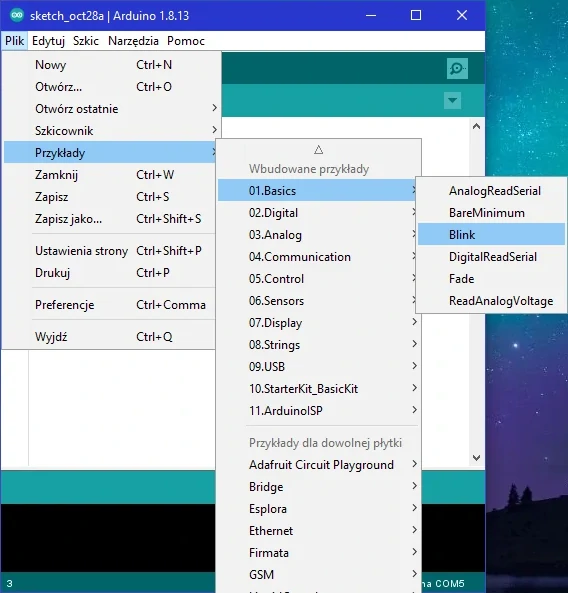 Arduino IDE wybór przykładu blink