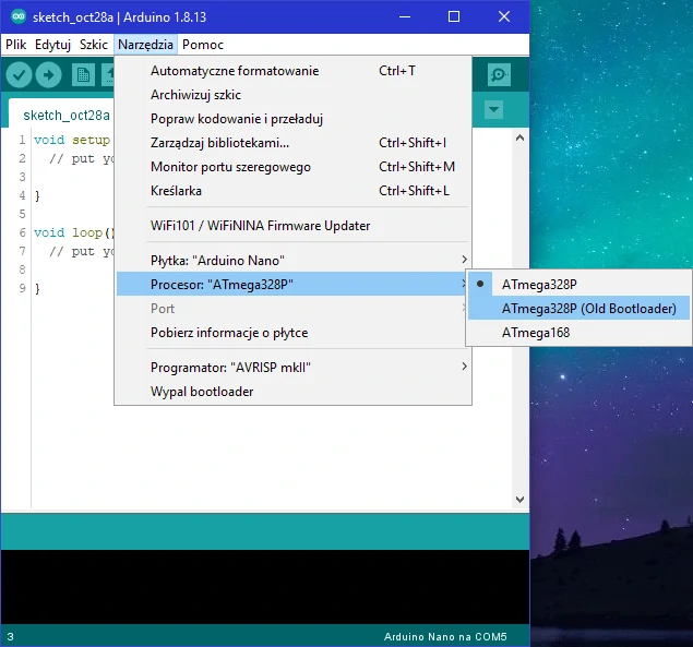 Arduino IDE wybór starego bootloadera lub procesora