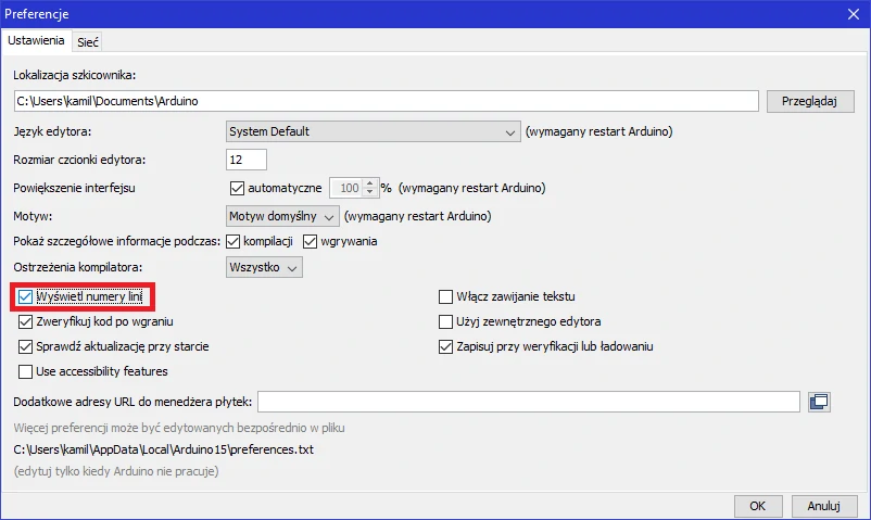 Arduino IDE włączenie numeracji linii