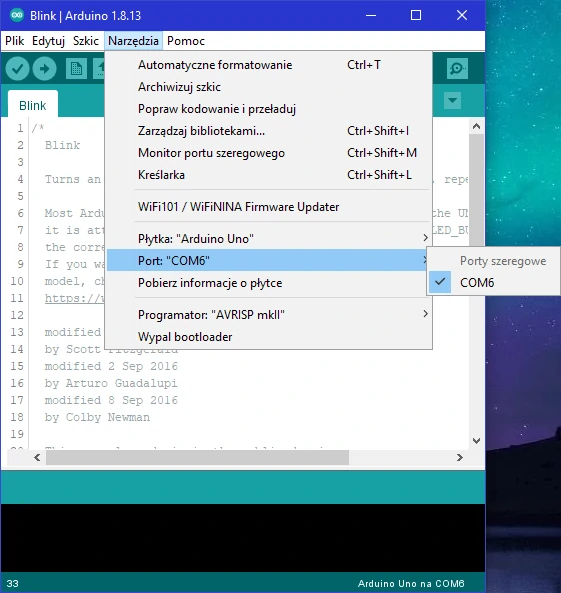 Arduino IDE wybór portu COM