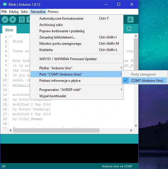 Arduino IDE wybór portu COM z nazwą płytki