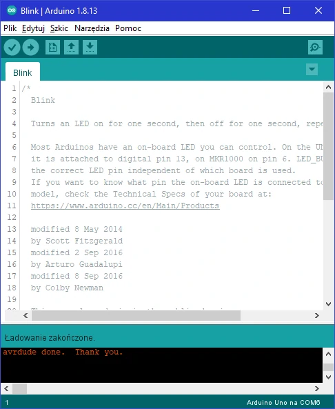 Arduino IDE zakończono wgrywanie programu