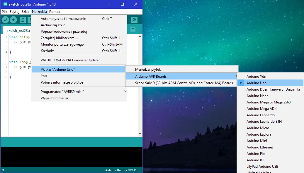 Arduino IDE wybór płytki