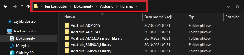 Folder z bibliotekami Arduino IDE